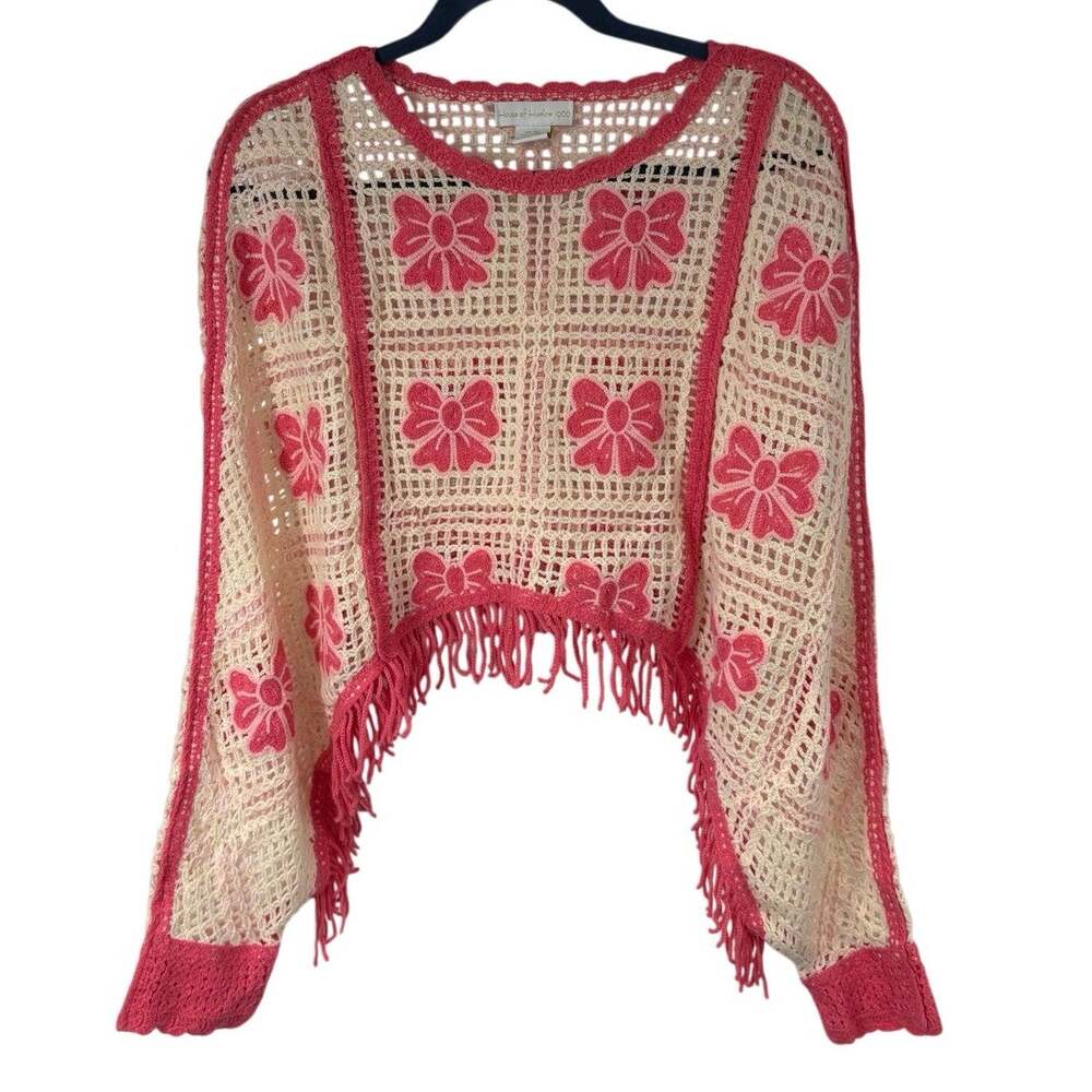 House of Harlow 1960 Crochet Flower Fringe Pullover Sweater Top Pink Cream OS